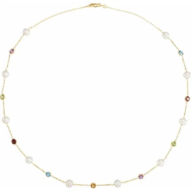 Pearl & Multi Gemstone Station Necklace | Diamond Aupair