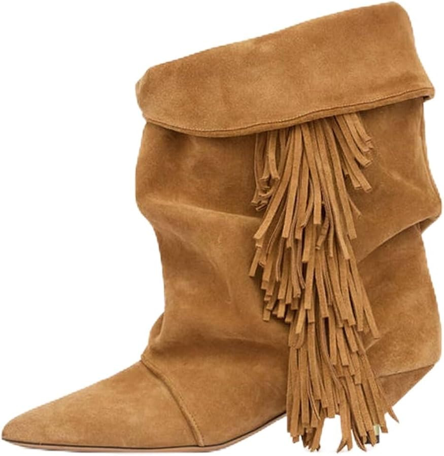 Agodor Women's Slouchy Ankle Boots - Pointed Toe Kitten Heels Booties Wide Calf Boho Suede Cowboy... | Amazon (US)