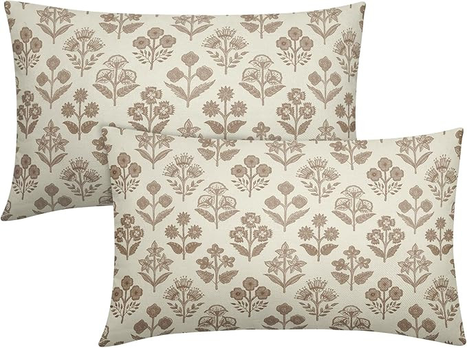 Brown Floral Pillow Covers 12x20 Inch Set of 2, Block Print Lumbar Flower Cream Decorative Throw ... | Amazon (US)