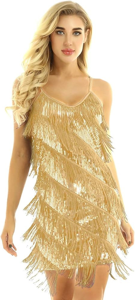 YOOJOO Women's Sequins Tassel Dance Costume Samba Rumba Tango Dance Dress 1920s Flapper Cocktail ... | Amazon (US)