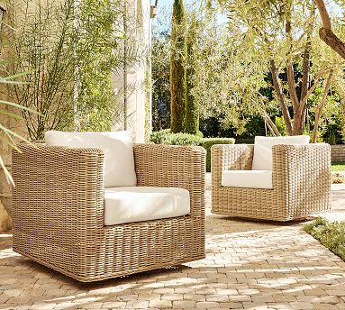 Huntington Wicker Square Arm Swivel Outdoor Lounge Chair | Pottery Barn (US)