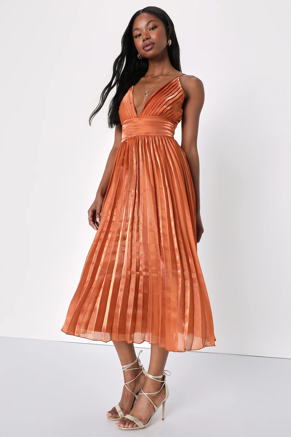 Romantic Aesthetic Shiny Rust Orange Pleated Midi Dress | Lulus (US)