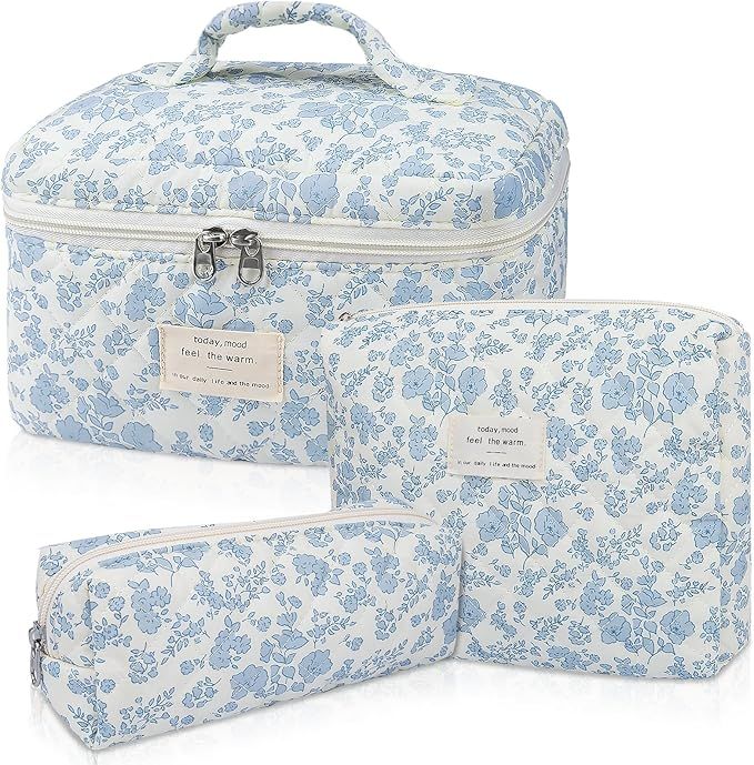 Makeup Bag Set, Quilted Makeup Bag, Large Floral Cosmetic Bag for Women, Cute Cotton Makeup Bags,... | Amazon (US)