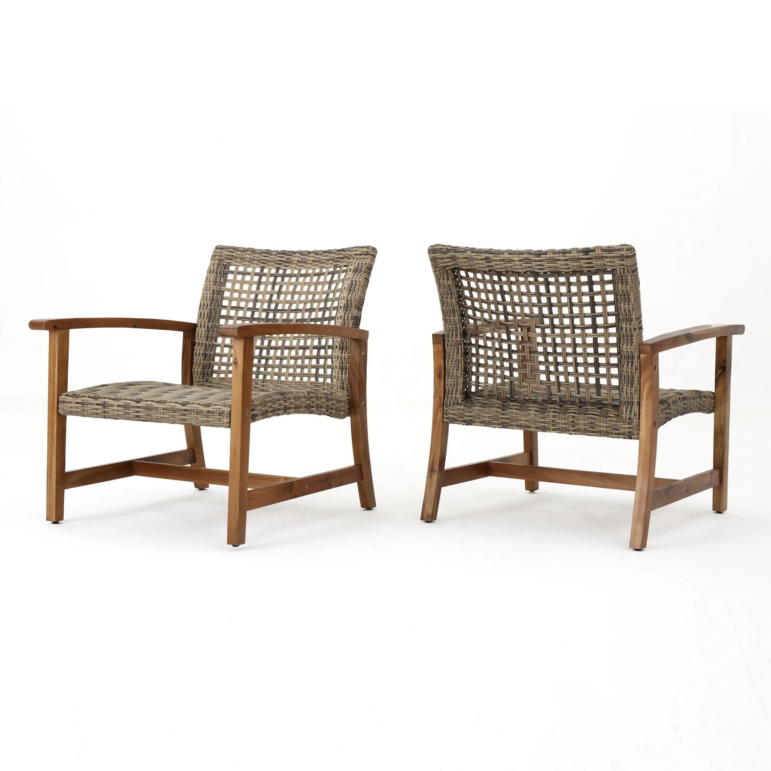 GDF Studio Savannah Outdoor Wood and Wicker Club Chairs, Set of 2, Natural and Gray | Walmart (US)