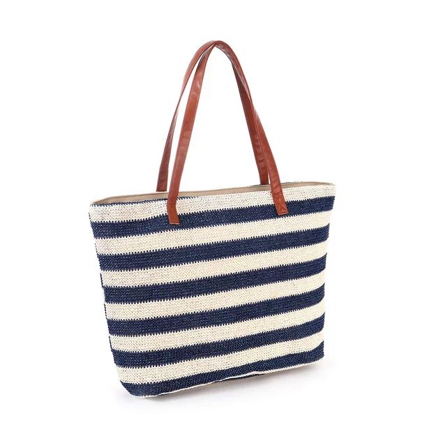 Sandproof Straw Beach Bag with Zipper Stripe Big Large Bags Tote with Inner Pockets Holiday Gifts... | Walmart (US)