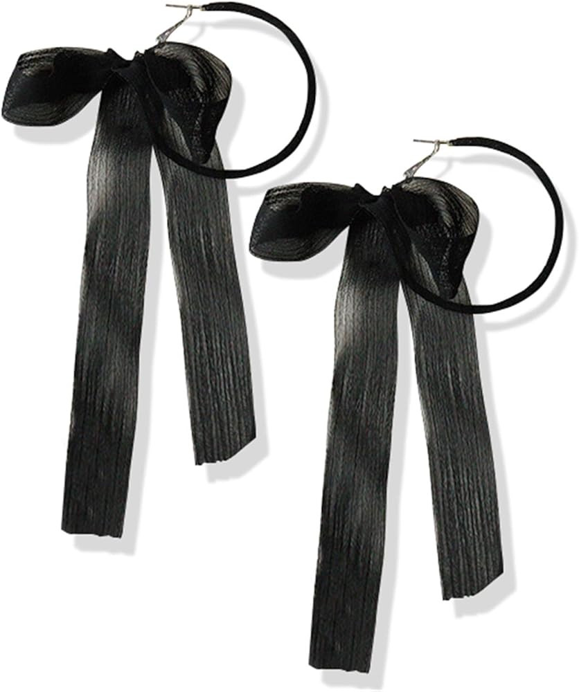 Fashion Lightweight Handmade Black Beaded Hoop Earrings Unique Long Ribbon Bow Tassel Dangle Drop... | Amazon (US)