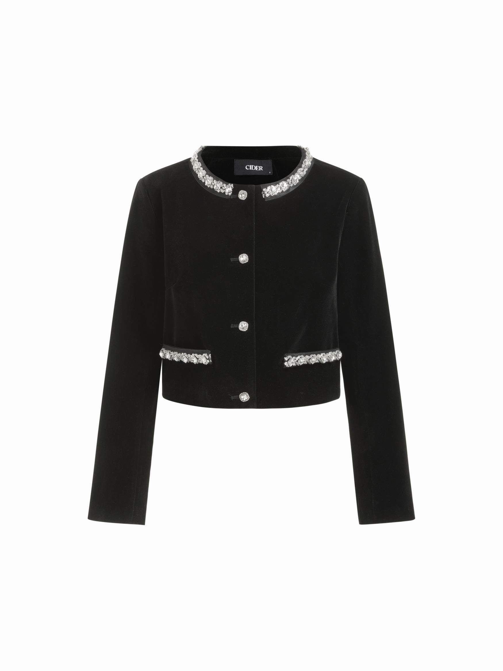 Velvet Velvet Round Neckline Rhinestone Long Sleeve Jacket For Daily Casual | Cider