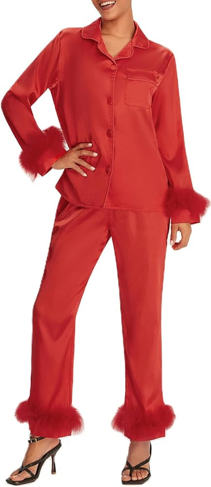 Women's Satin Silk Pajamas Sexy Feather Trim Long Sleeve Button Up Pjs Shirt Sleep Pajama Pants 2... | Amazon (US)