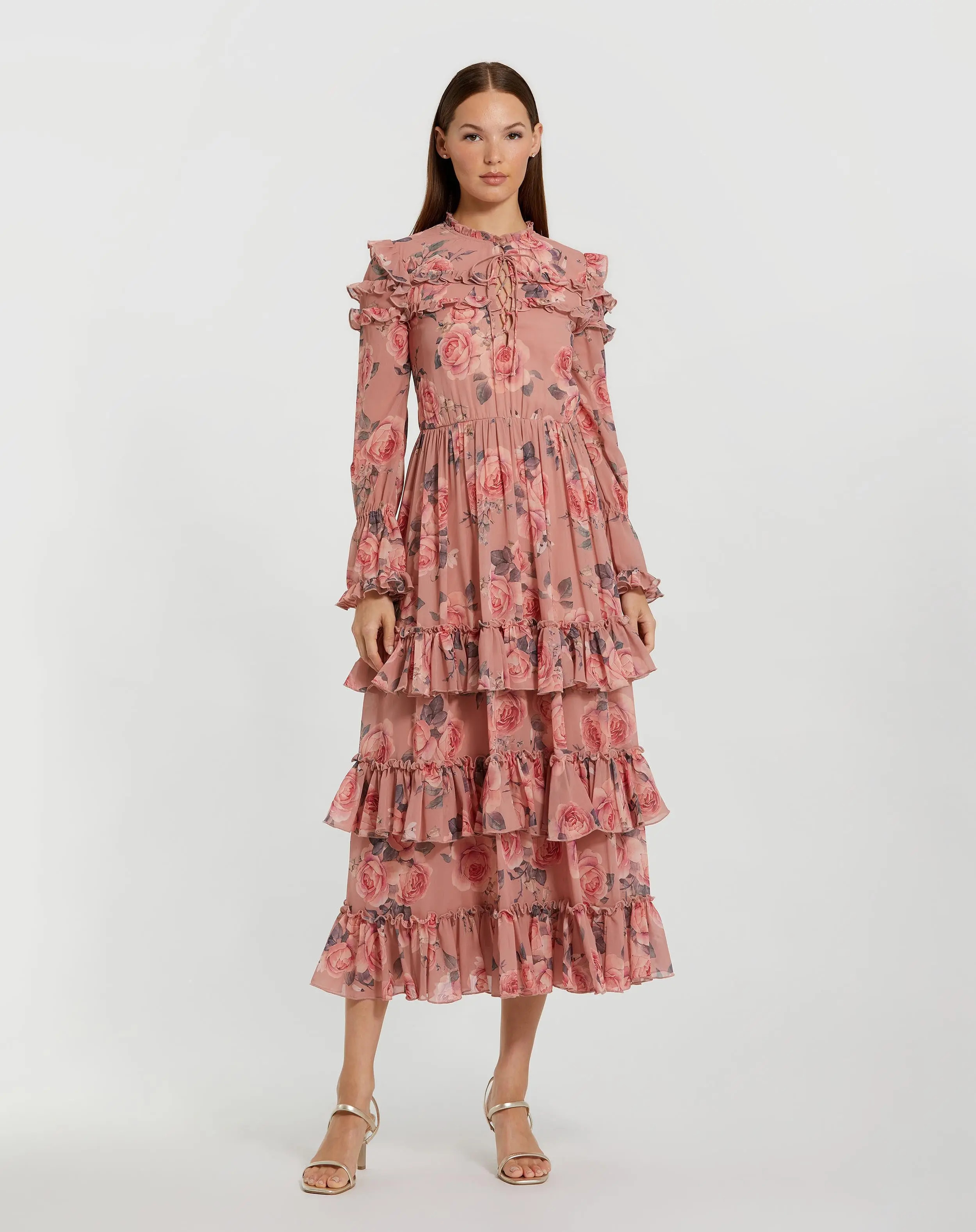 Mac Duggal - Pink Long Sleeve Lace Up Front Tiered Ruffle Dress - Rose Multi / L | Mac Duggal