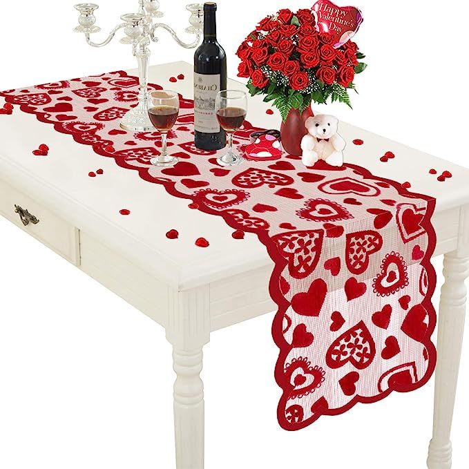Mosoan Valentines Day Table Runner - 13 x 72 Inch Red Lace Table Runner for Wedding Party, Valent... | Amazon (US)