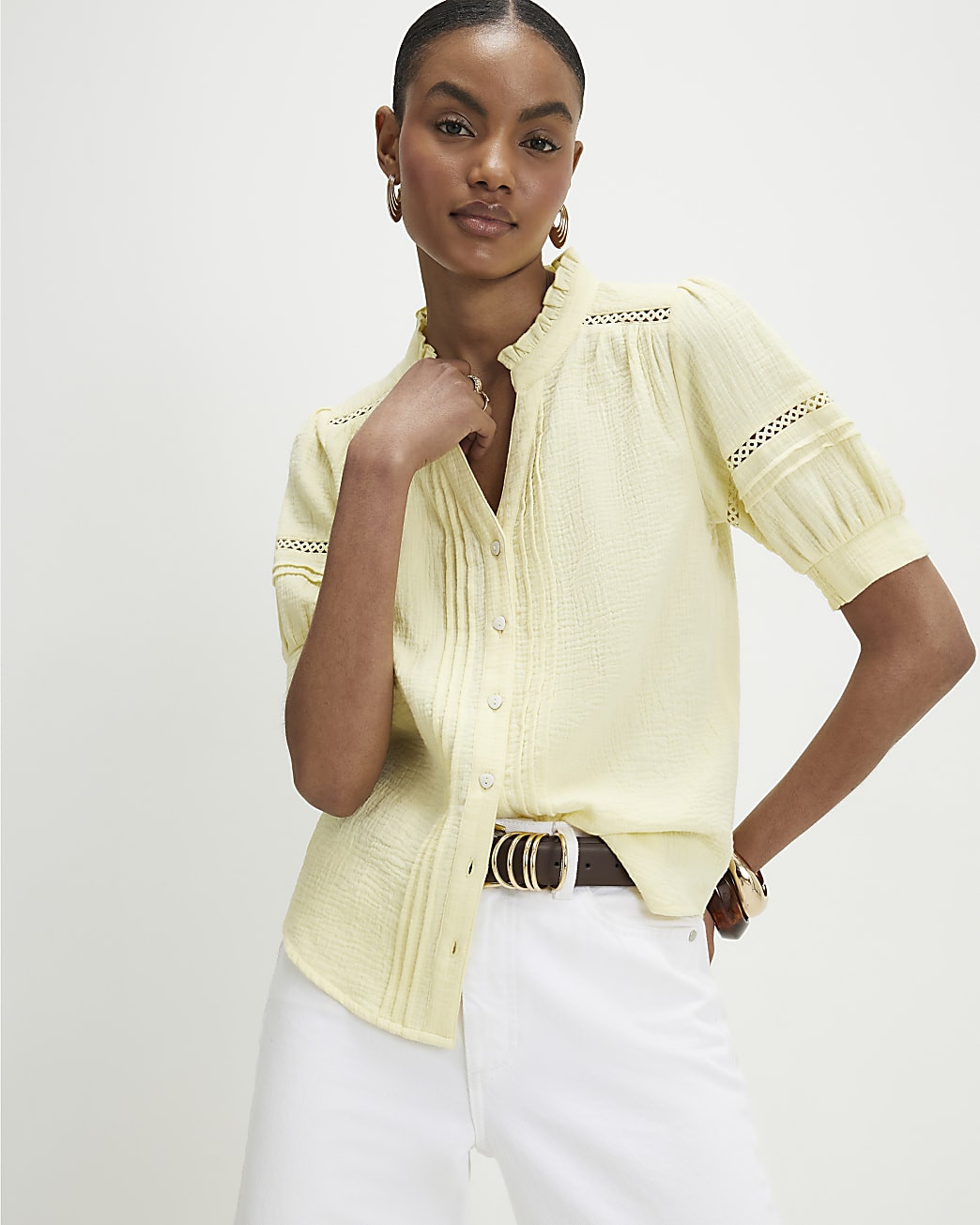 Yellow Cotton Frill Collar Pintuck Blouse | River Island UK & IE
