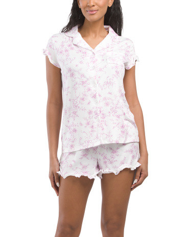 2pc Bow Print Notch Collar Pajama Top And Shorts Set With Ruffle Trim | TJ Maxx