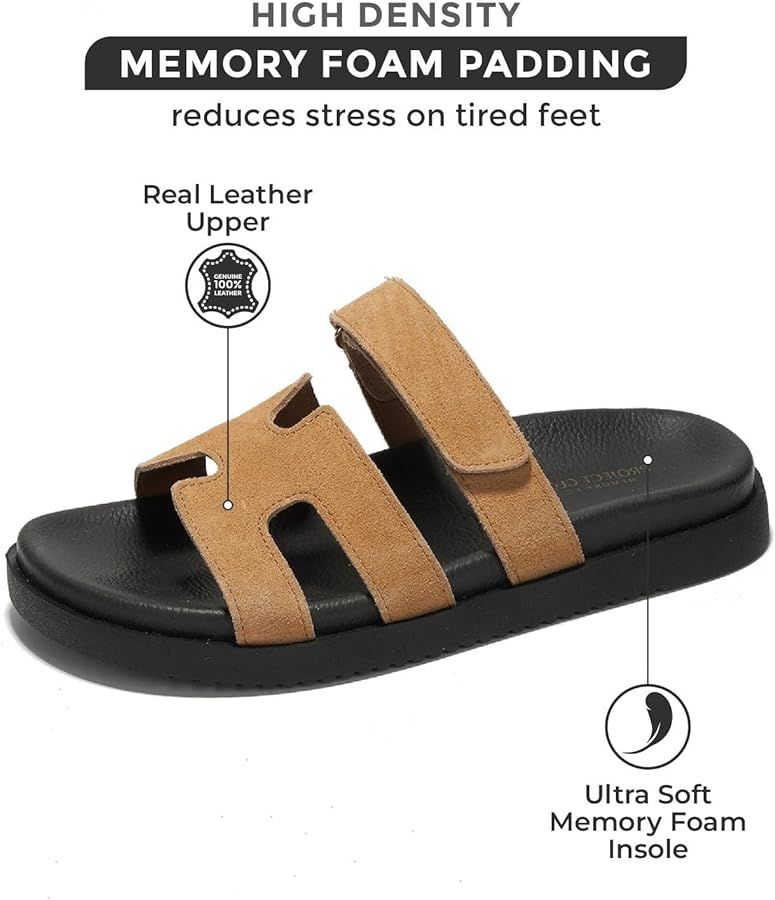 Leather Womens Sandals w/Strap Slip on Sandals Women Footwear w/Memory Foam - Womens Fashion Plat... | Amazon (US)