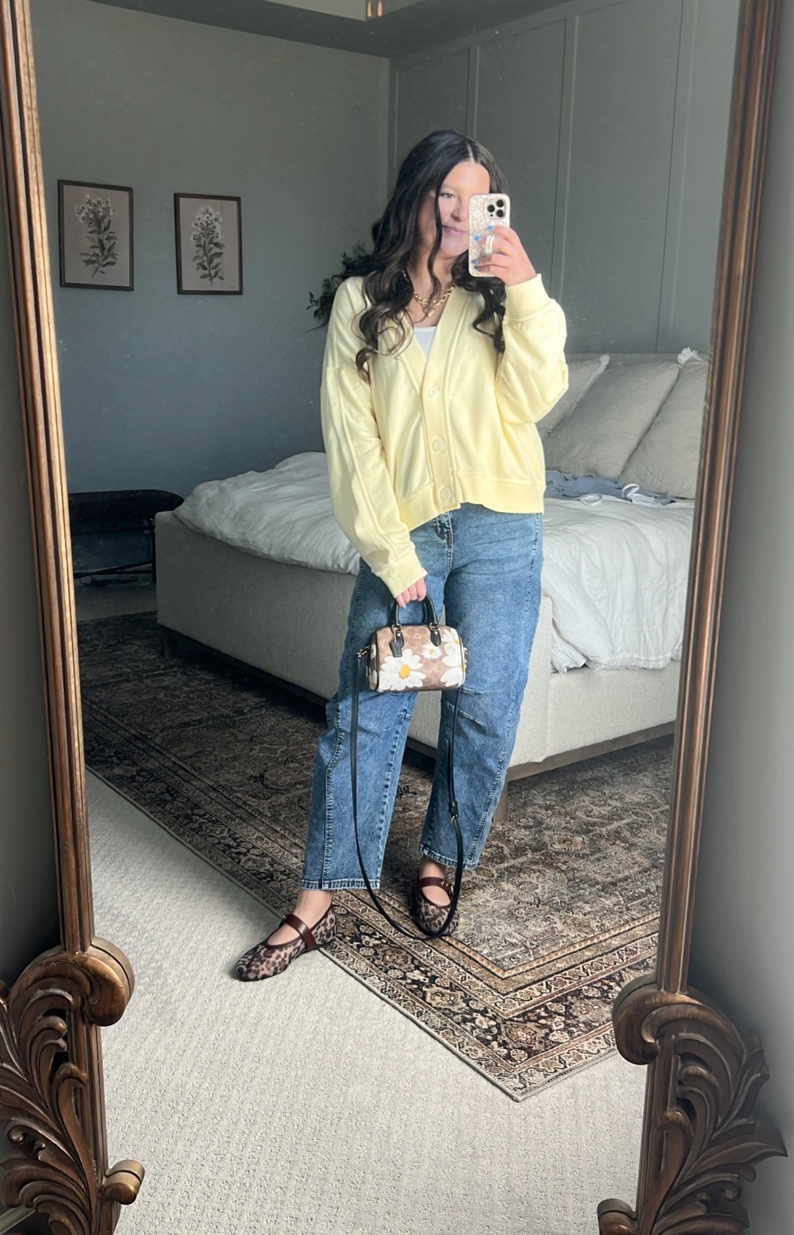 Comfy spring mom outfit! I wore this to dinner but could be dressed down with some sneakers for just running errands. I love how versatile both these pieces are. The cardigan is from a matching set and the jeans are my favorite jeans everrrrrr. 

Mom outfits / mom style / comfy outfit / spring outfit / spring style / comfy mom outfit / SAHM / wfh / working mom outfit / leopard flats / spring shoes / mom bag / mini crossbody / coach purse : yellow top / yellow cardigan / cardigan top / cardigan outfit / mom jeans / barrel jeans / Amazon jeans / comfy jeans / comfy style / girls night / date night / moms night out 

#LTKgrwm #LTKootd #LTKmomlife