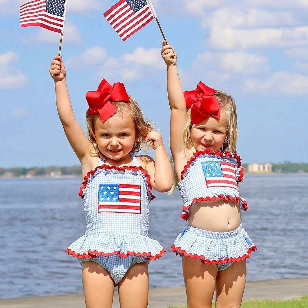 Two Piece Flag Ruffle Swimsuit Blue Gingham | Classic Whimsy