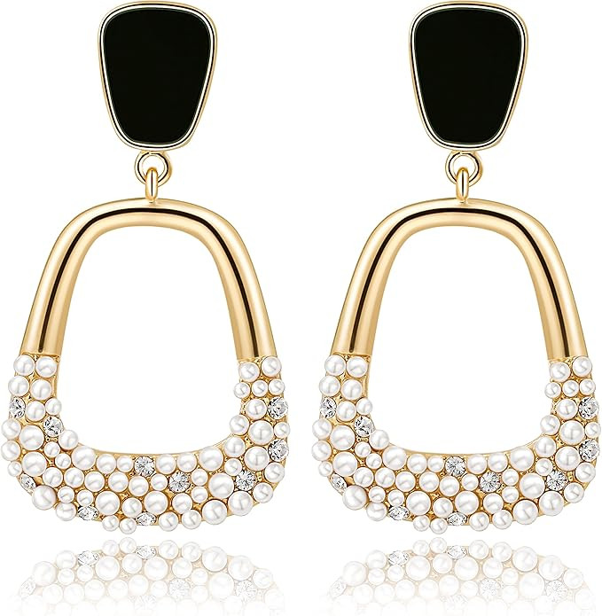 Gold Statement Geometric Dangle Earrings - Rectangle Heart Black White Pearl Beads Crystal Cubic ... | Amazon (US)