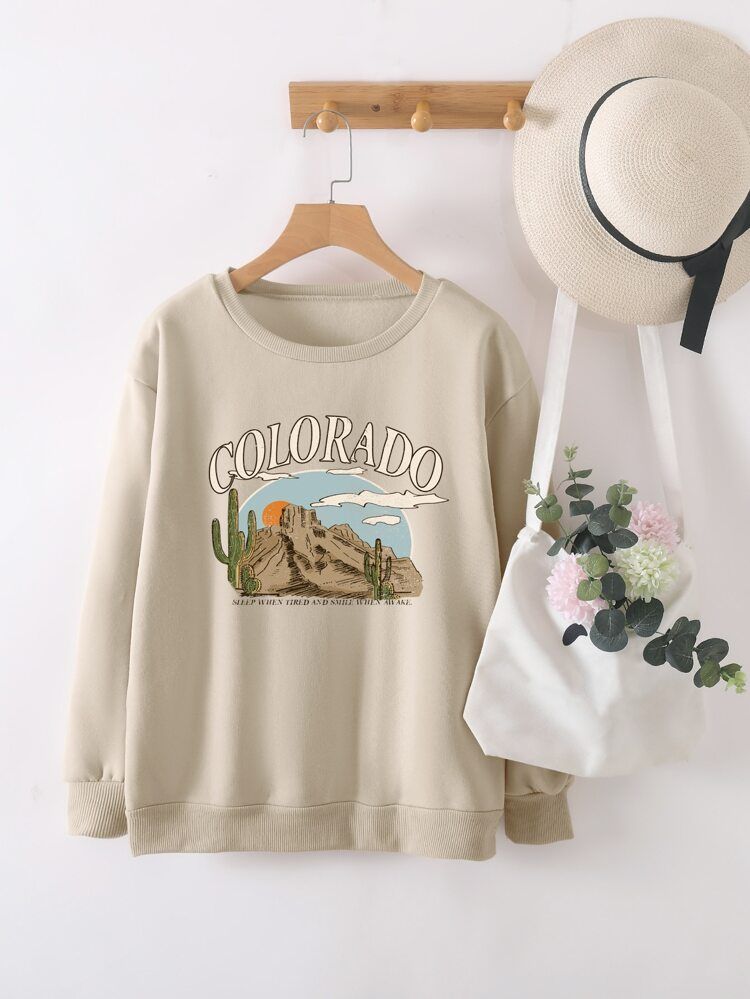 Cactus And Slogan Graphic Thermal Lined Sweatshirt | SHEIN
