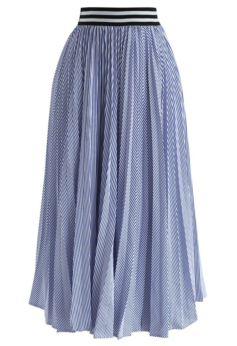 Did You Hear That Stripes Pleated Skirt in Blue | Chicwish