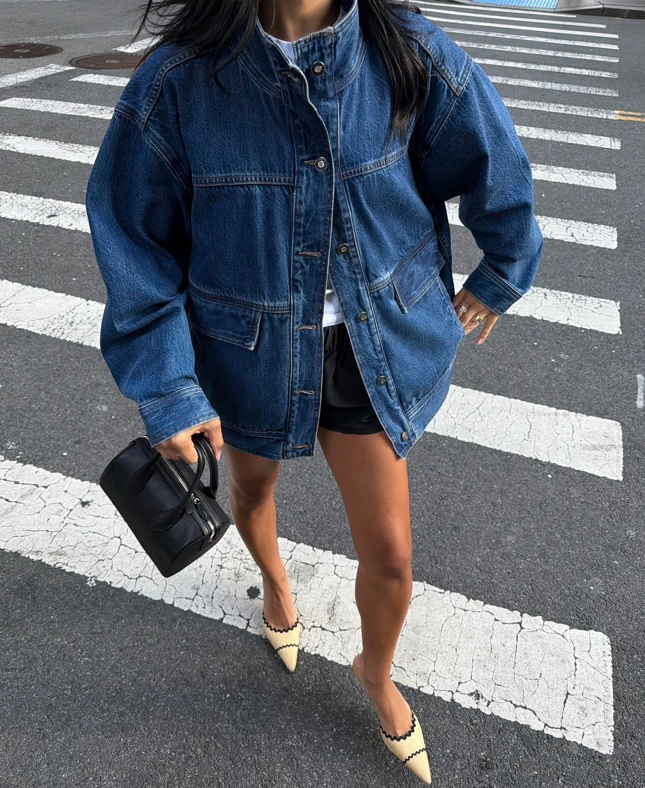 nyc ootd | favorite daughter oversized denim jacket + revolve shorts

#LTKootd #LTKdayinmylife #LTKTravel