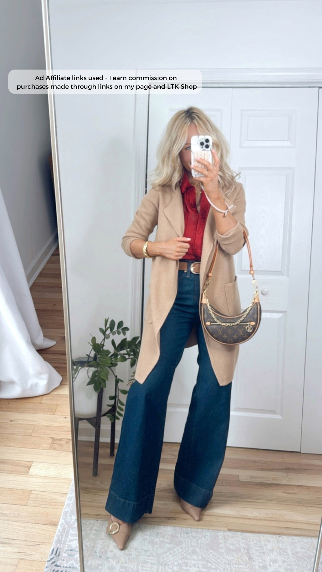 Spring transition outfit
Red blouse
Camel duster cardigan
Wide leg jeans 
J.Crew outfit 
Casual style