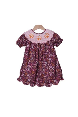 Smocked Pumpkin Maroon Floral Dress | The Smocked Flamingo