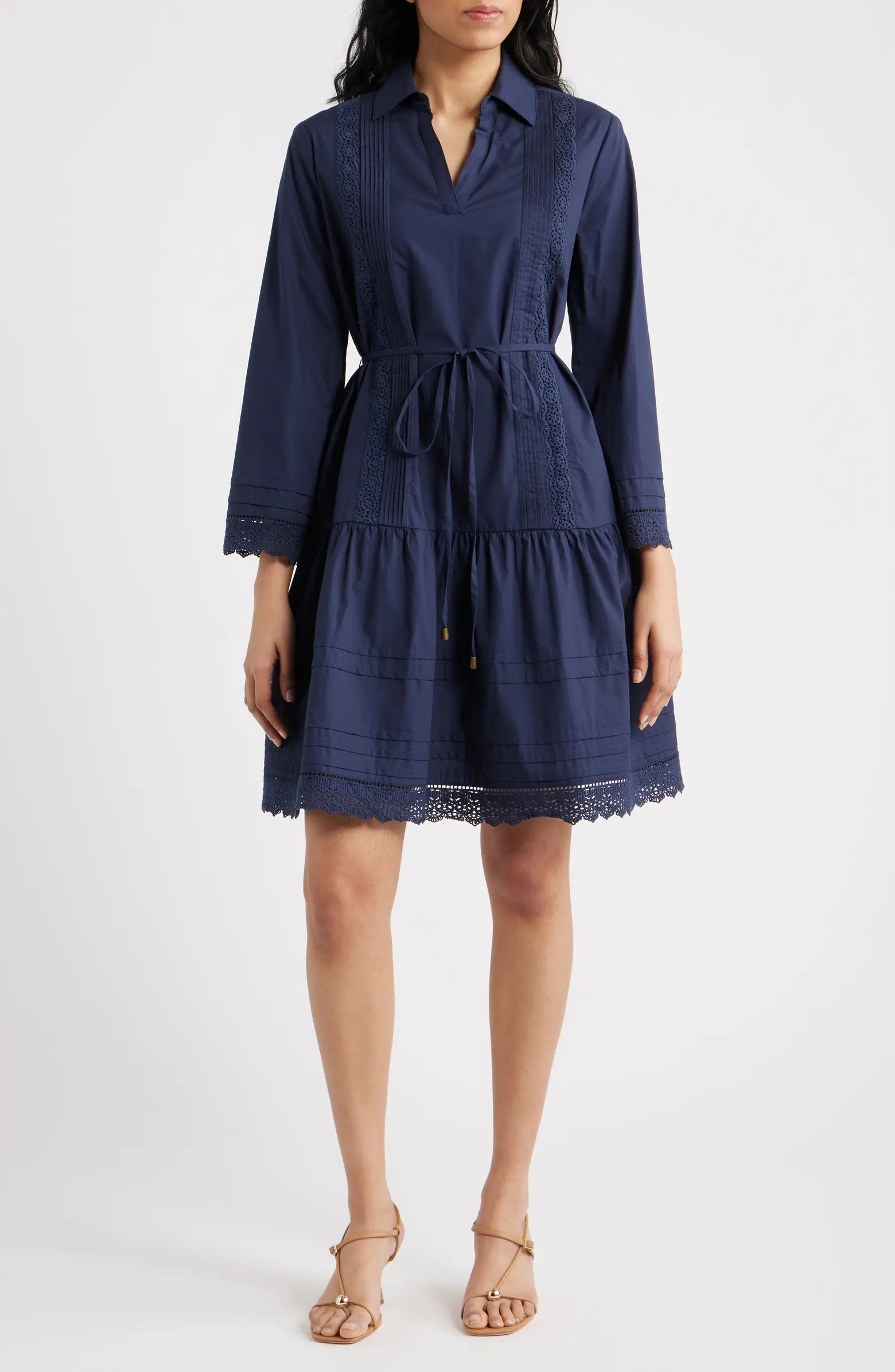 Julia Jordan Lace Trim Tie Waist Long Sleeve Dress | Nordstrom | Nordstrom
