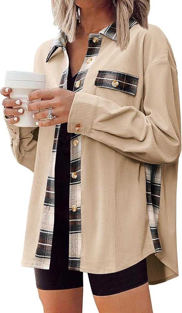 Zeagoo Womens Corduroy Flannel Shacket Jacket Casual Plaid Button Down Shirts Long Sleeve Fall To... | Amazon (US)