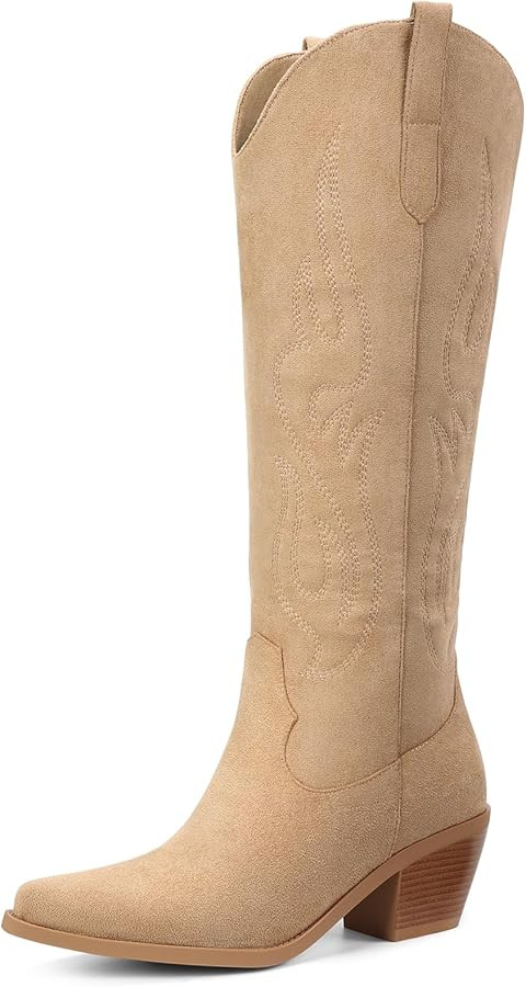 Pasuot Western Cowboy Boots for Women - Knee High Wide Calf Cowgirl Boots with Embroidery, Pointe... | Amazon (US)