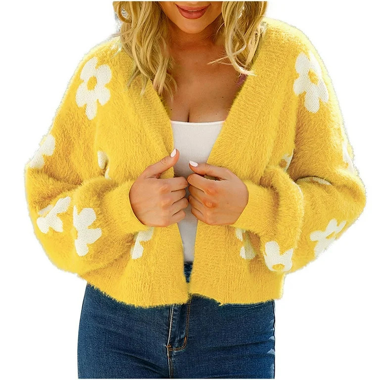 Hfyihgf Womens Cardigan Sweaters Floral Plush Knit Open Front Crop Cardigans Long Sleeve Sweater ... | Walmart (US)