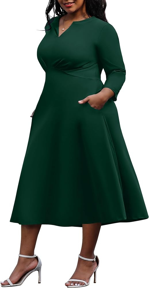 Nmoder Women's Plus Size Stretchy Flared Wrap Dress Casuel Wedding Guest Work Midi Dresses V Neck... | Amazon (US)