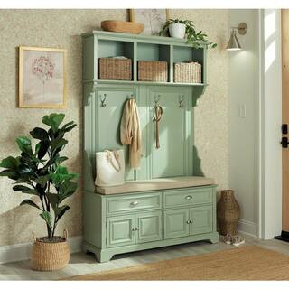 Home Decorators Collection Sadie Antique Green Hall Tree with Cushioned Storage Bench SK19081CR2-... | The Home Depot