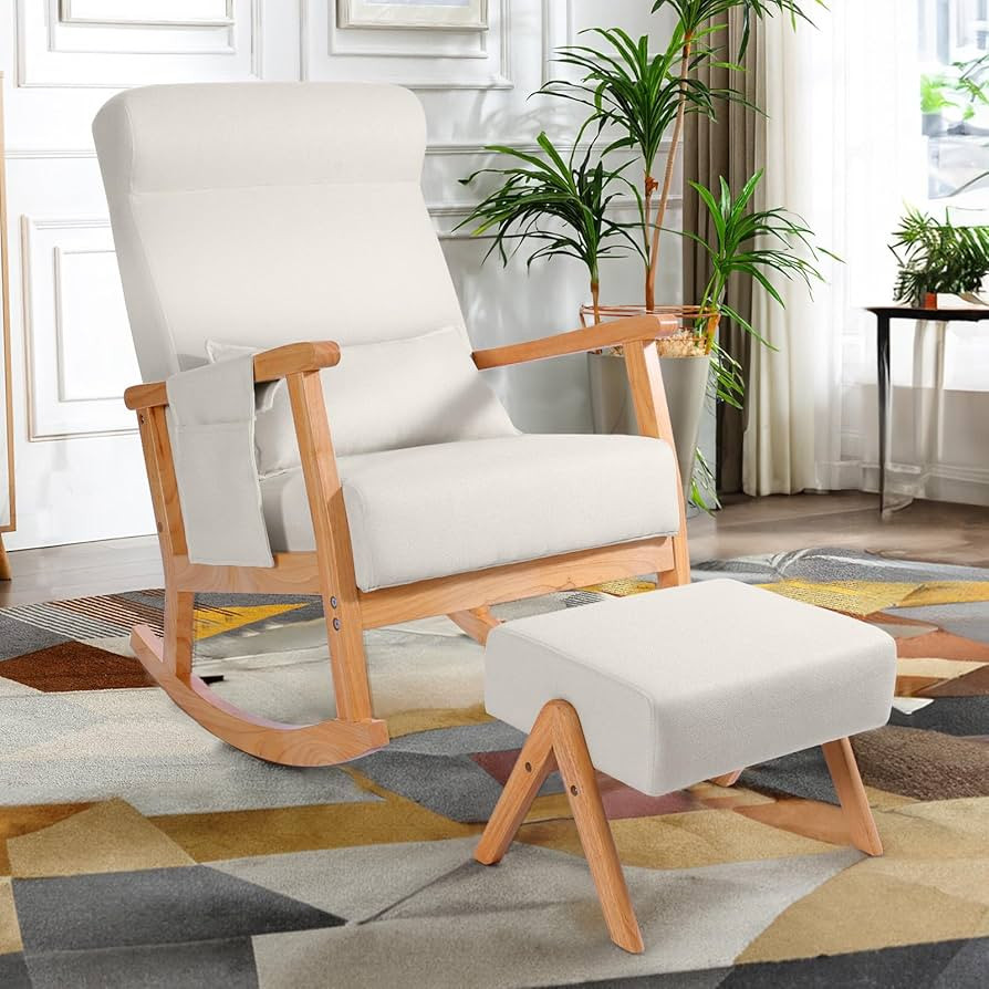 NOBLEMOOD Rocking Chair with Ottoman, Upholstered Nursery Glider with Pillow & Side Pocket, Big a... | Amazon (US)