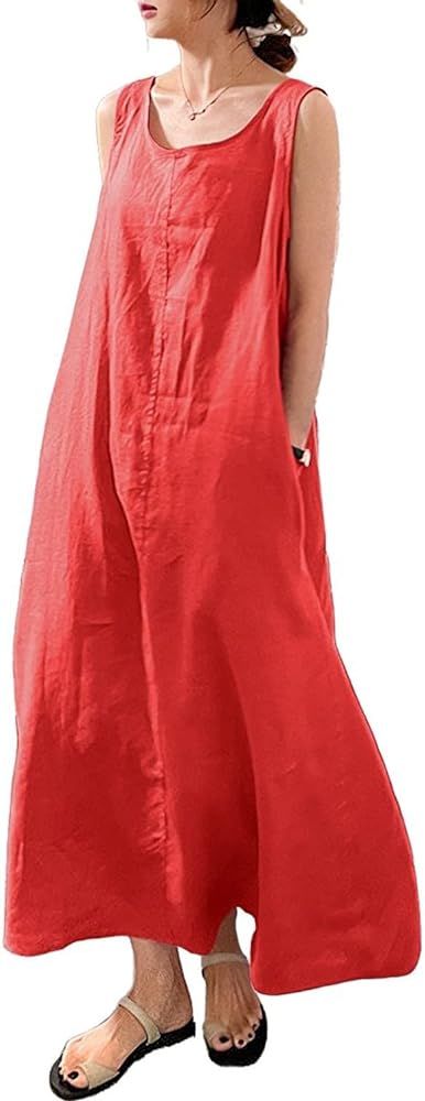 chouyatou Women's Summer Casual Sleeveless Cotton Sun Dress Maxi Tunic Tank Beach Dress with Pock... | Amazon (US)