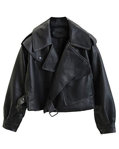 LY VAREY LIN Women Black Faux Leather Jackets Casual Short Oversized Coat Asymmetrical Motor Biker Jacket (Black, L) | Amazon (US)