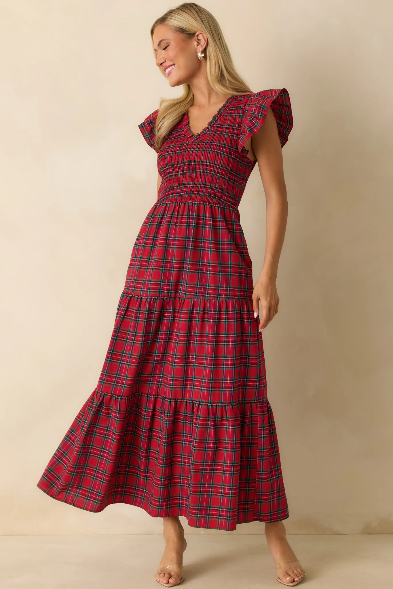 A Place To Be Cotton Red Plaid Maxi Dress | Red Dress