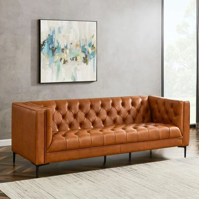 Clodine Mid Century Modern Tufted Leather Sofa Couch for Living Room Cognac Tan | Walmart (US)