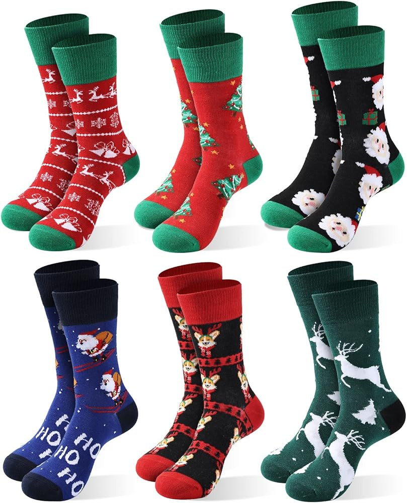 6 Pairs Christmas Socks for Women,Xmas Crew Socks Holiday Gift Novelty Socks US Size 6-13 | Amazon (US)