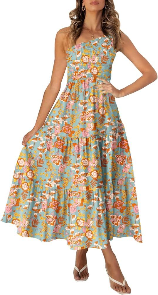 Ferlema Womens Summer Boho Floral Print One Shoulder Sleeveless Smocked Ruffle Swing Long Maxi Dress | Amazon (US)