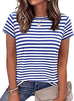 BTFBM Tops for Women Trendy Summer 2026 Crew Neck Short Sleeve T Shirts Striped Casual Vacation B... | Amazon (US)