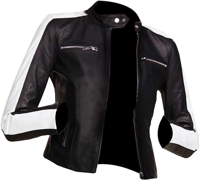 UGFashions Women's Café Racer White Sleeve Stripe Motorcycle Slim Biker Black Leather Jacket | Amazon (US)