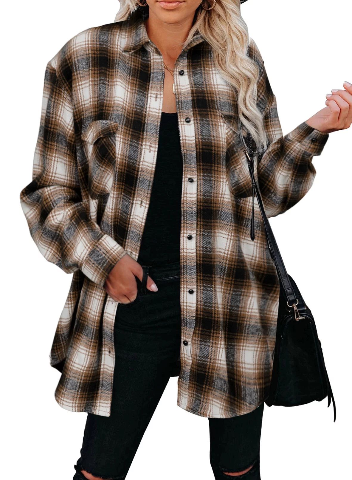 Eytino Plaid Shirts for Women Long Sleeve Shirts Button Down Fall Blouse Shirt Jacket Shackets To... | Walmart (US)