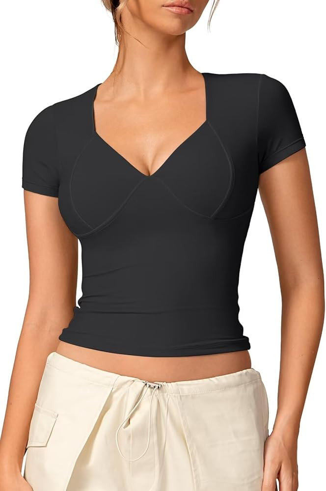 Vertvie Women's Double Lined Short Sleeve Top V Neck Slim Fit T Shirts Cute Summer Basic Tees Y2K... | Amazon (US)