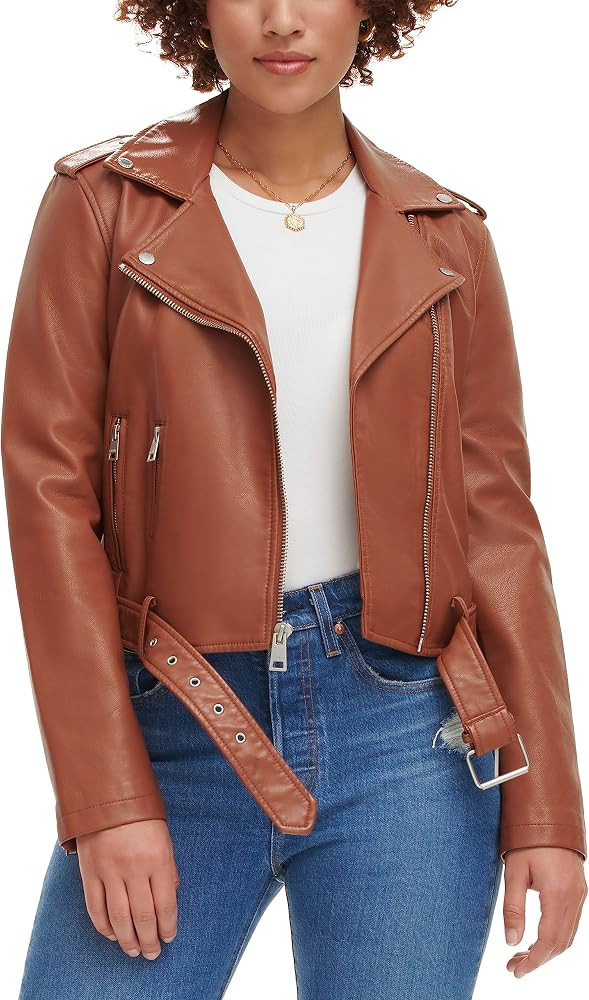 Women's Faux Leather Belted Motorcycle Jacket (Standard & Plus Sizes) | Amazon (US)
