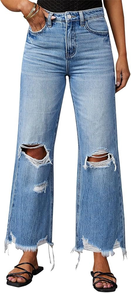 Women's Ripped Bell Bottom Jeans High Rise Distressed Raw Edge Hem Boyfriend Wide Leg Denim Pants | Amazon (US)
