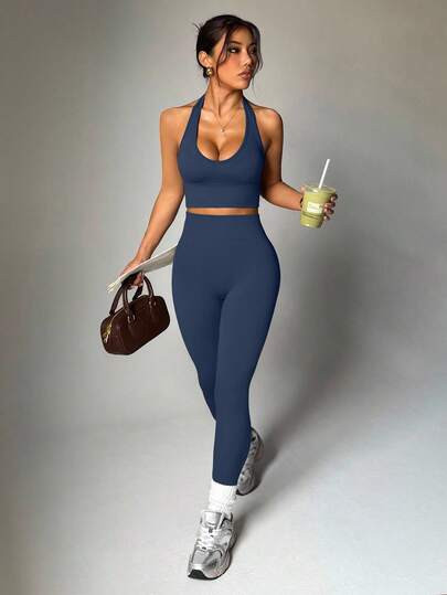 Dewbera Women's Solid Color Minimalist Halter Top And Pants Sports Suit Workout Sets | SHEIN