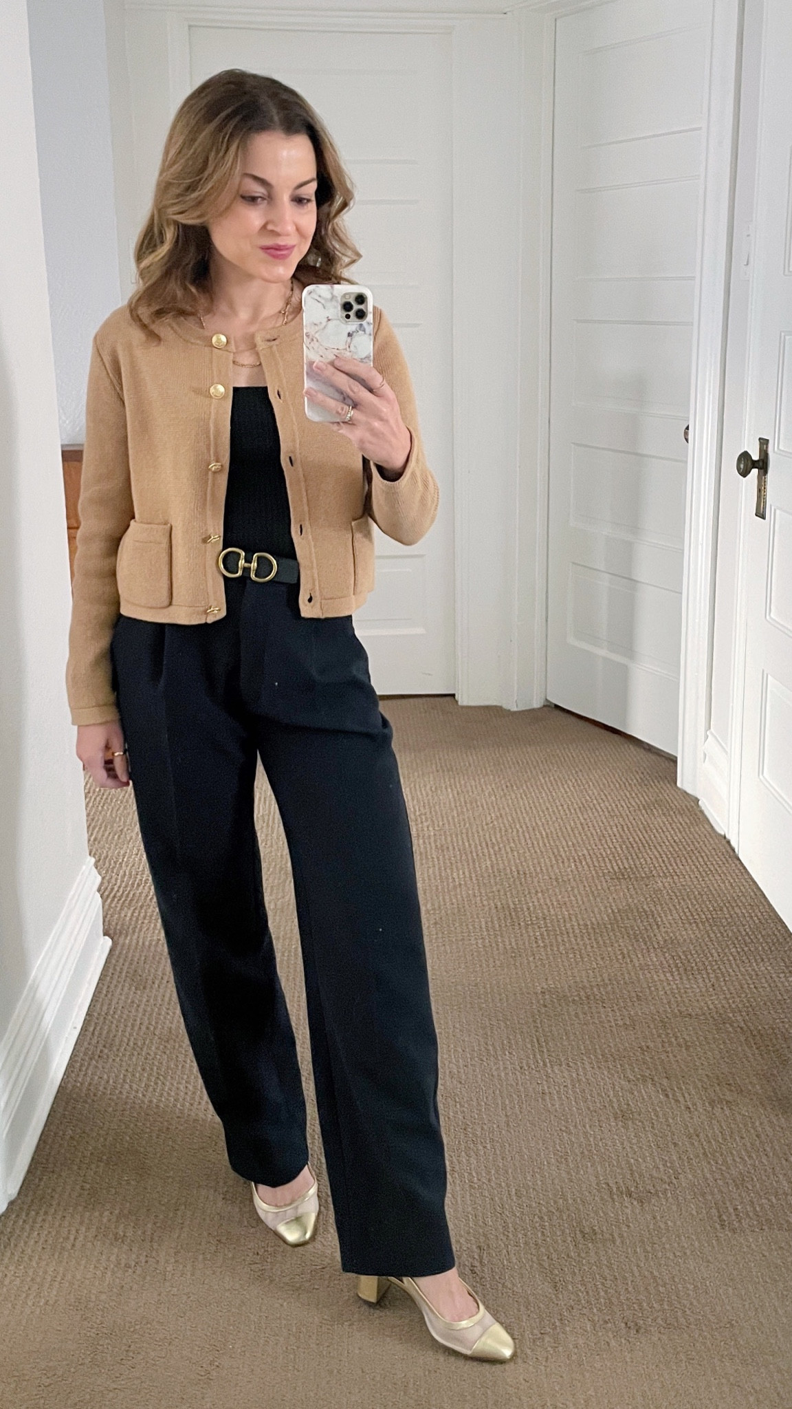 Wearing the sweater jacket in XXS (could have done XS for a boxier fit), pants in 25S, belt XXS, top XXS, shoes 5.5  