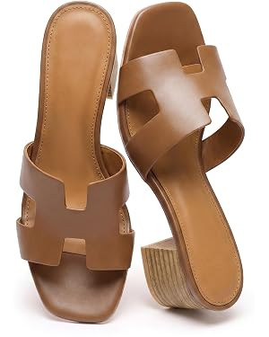 Heeled Sandals for Women Low Block Chunky Heels Cutout Strap Square Open Toe Mule Sandals Casual ... | Amazon (US)