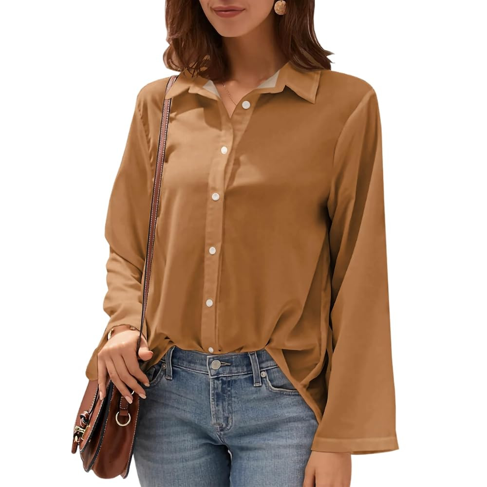MARSVOVO Classic V Neck Blouse for Women Flowy Plain Color Soft Button Up Tunic Blouses Casual Su... | Amazon (US)