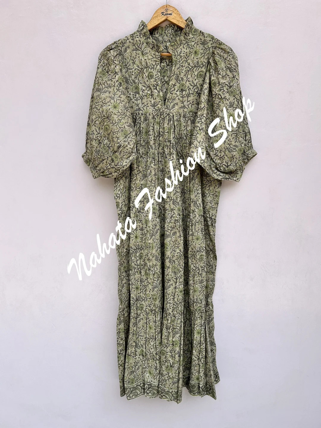 Cotton Green Dray Flower Plant Printed Women's Maxi Dress V Neckline With Elastic Sleeves Boho Dr... | Etsy (US)