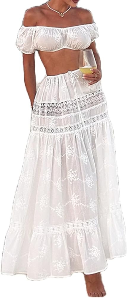 REASERAL Womens Lace Maxi Skirt Outfits Off Shoulder Crop Top A Line Maxi Skirt Summer Beach Vaca... | Amazon (US)